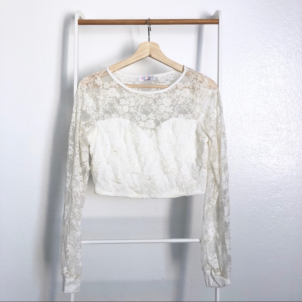 NWOT Nasty Gal White Lace Long Sleeve Crop Top